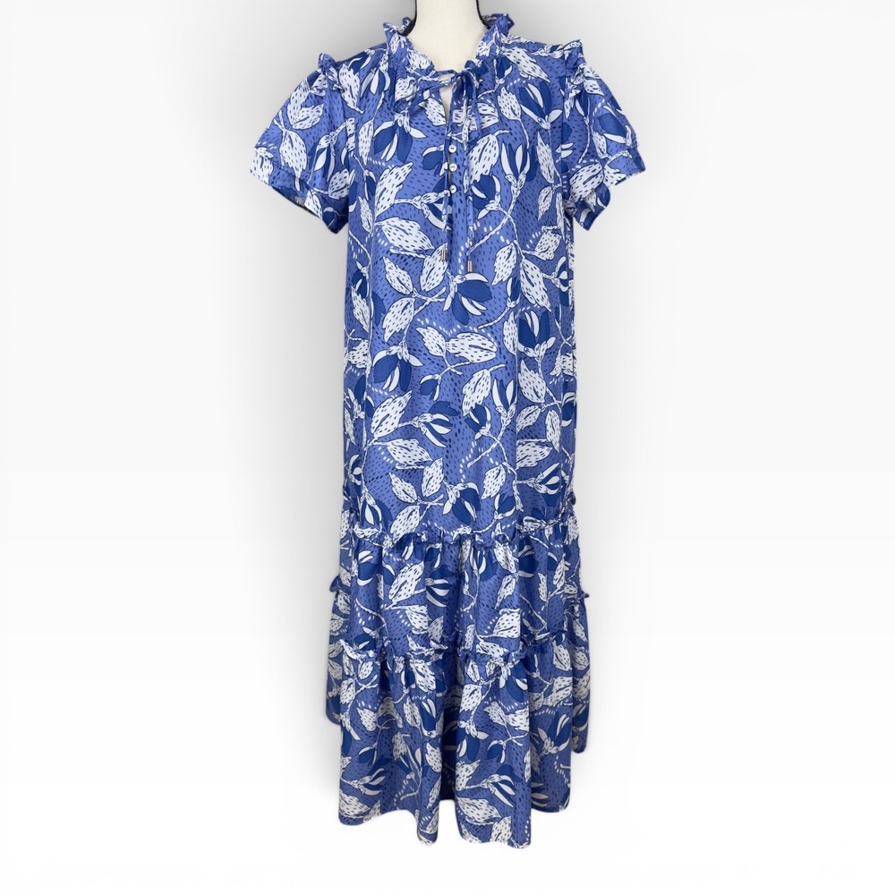 J. Marie Floral Maxi Dress Small Blue White Tiered Tie Neck Romantic Ruffles - Picture 2 of 12